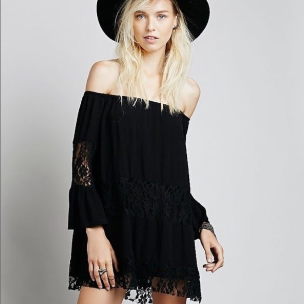 Free People Pink Crinkle Gauze Lace Off Shoulder Mini Dress Tunic Blouse Top - Picture 2 of 8